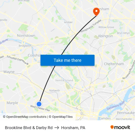 Brookline Blvd & Darby Rd to Horsham, PA map