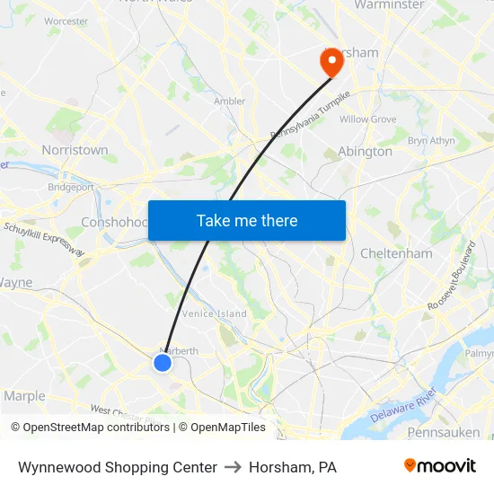 Wynnewood Shopping Center to Horsham, PA map