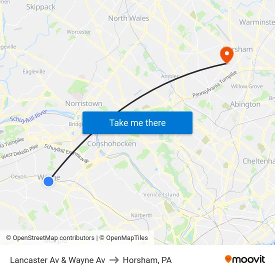 Lancaster Av & Wayne Av to Horsham, PA map