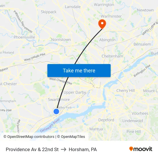 Providence Av & 22nd St to Horsham, PA map