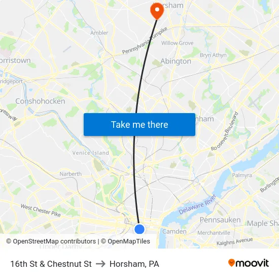 16th St & Chestnut St to Horsham, PA map