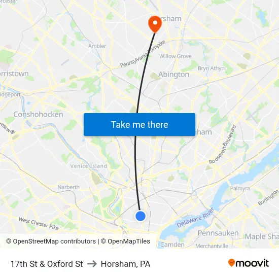 17th St & Oxford St to Horsham, PA map