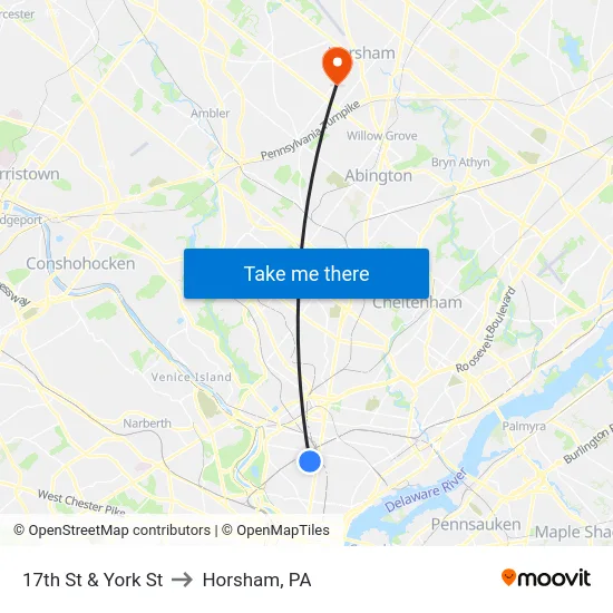 17th St & York St to Horsham, PA map