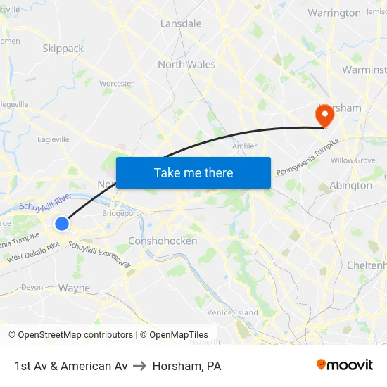 1st Av & American Av to Horsham, PA map