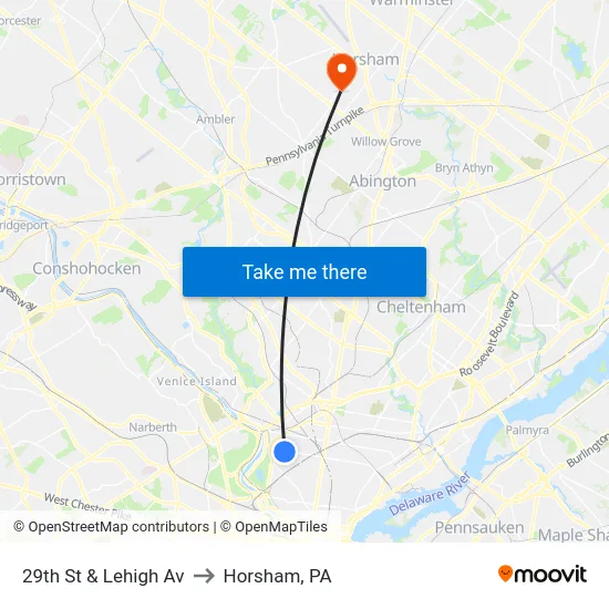 29th St & Lehigh Av to Horsham, PA map
