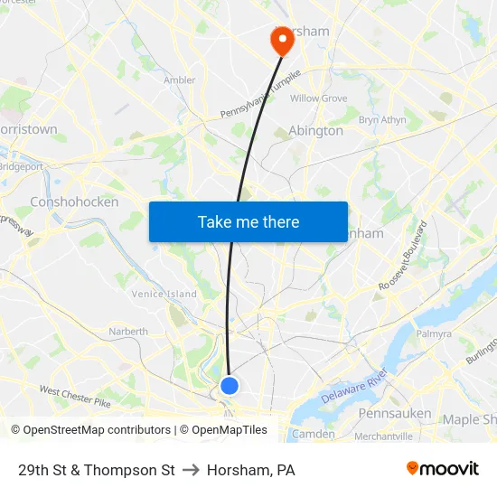 29th St & Thompson St to Horsham, PA map