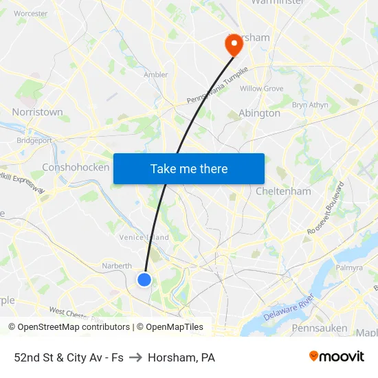 52nd St & City Av - Fs to Horsham, PA map