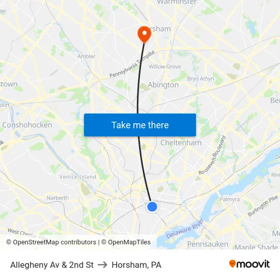 Allegheny Av & 2nd St to Horsham, PA map