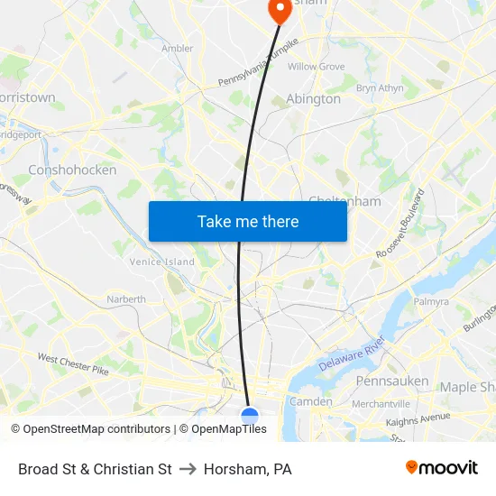 Broad St & Christian St to Horsham, PA map