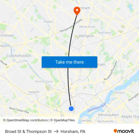 Broad St & Thompson St to Horsham, PA map