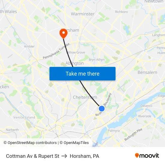 Cottman Av & Rupert St to Horsham, PA map