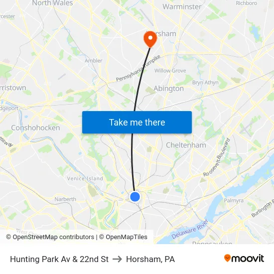Hunting Park Av & 22nd St to Horsham, PA map