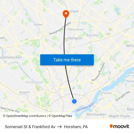 Somerset St & Frankford Av to Horsham, PA map