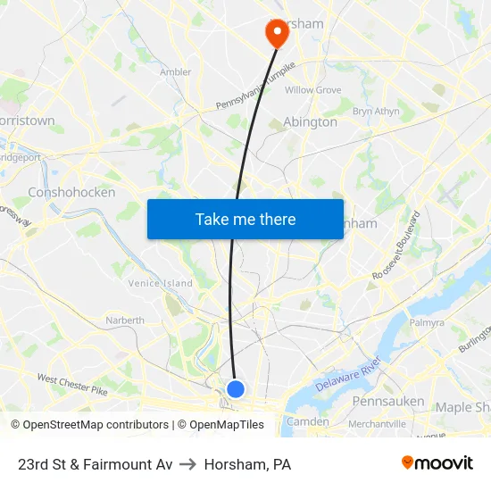 23rd St & Fairmount Av to Horsham, PA map