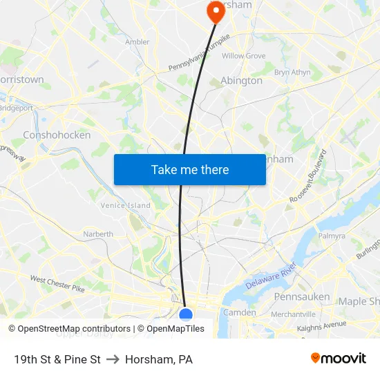 19th St & Pine St to Horsham, PA map
