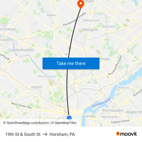 19th St & South St to Horsham, PA map