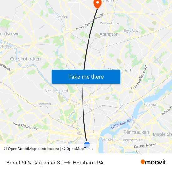 Broad St & Carpenter St to Horsham, PA map