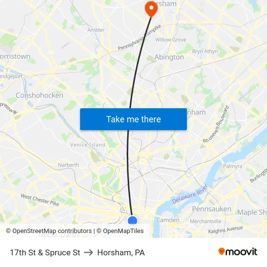 17th St & Spruce St to Horsham, PA map