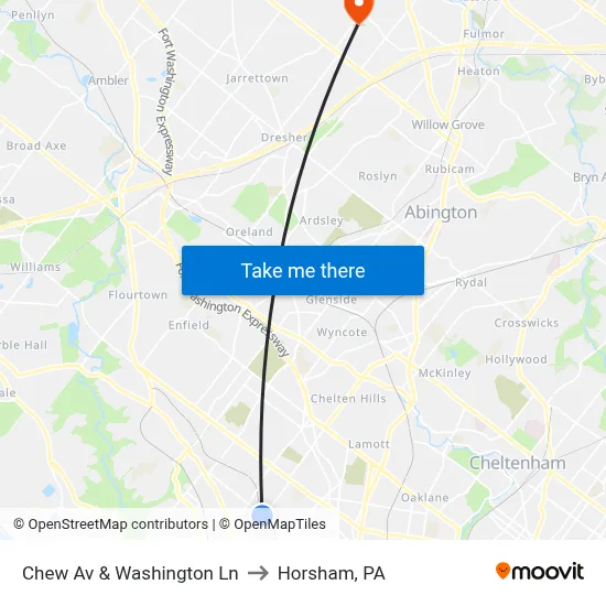 Chew Av & Washington Ln to Horsham, PA map
