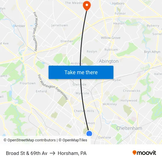 Broad St & 69th Av to Horsham, PA map