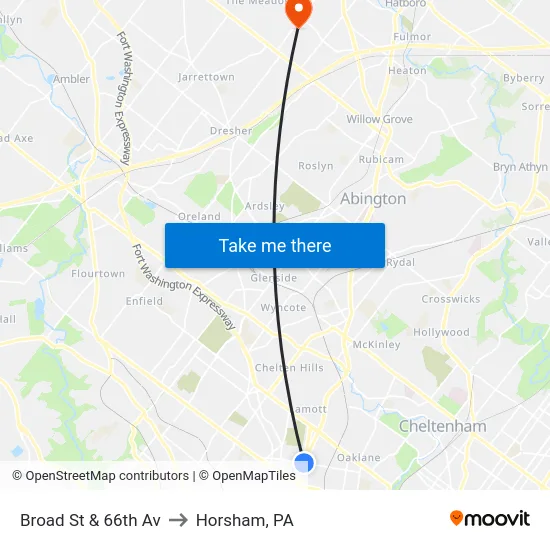 Broad St & 66th Av to Horsham, PA map