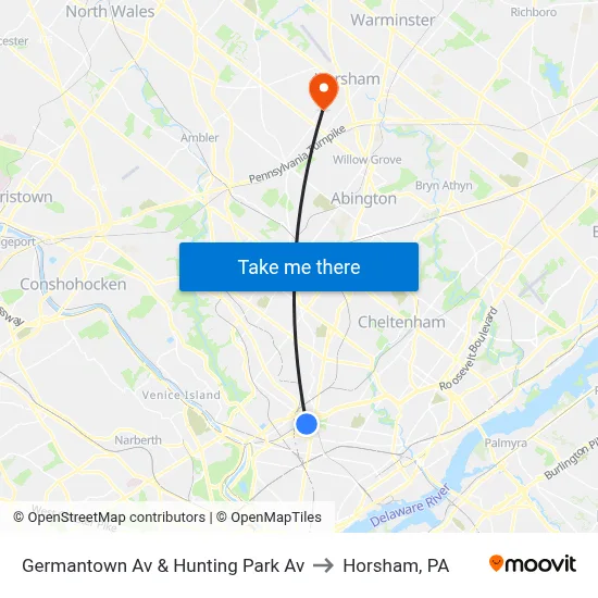 Germantown Av & Hunting Park Av to Horsham, PA map