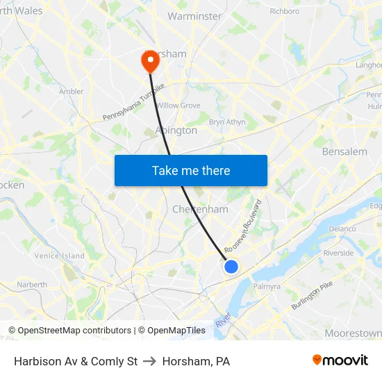 Harbison Av & Comly St to Horsham, PA map
