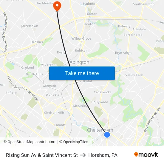 Rising Sun Av & Saint Vincent St to Horsham, PA map