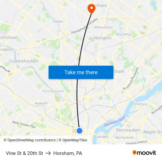 Vine St & 20th St to Horsham, PA map