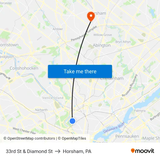 33rd St & Diamond St to Horsham, PA map