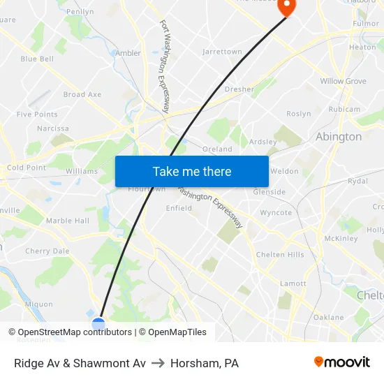 Ridge Av & Shawmont Av to Horsham, PA map