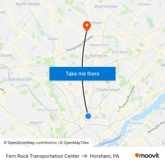 Fern Rock Transportation Center to Horsham, PA map