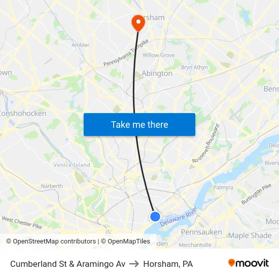 Cumberland St & Aramingo Av to Horsham, PA map