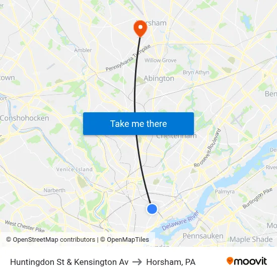 Huntingdon St & Kensington Av to Horsham, PA map
