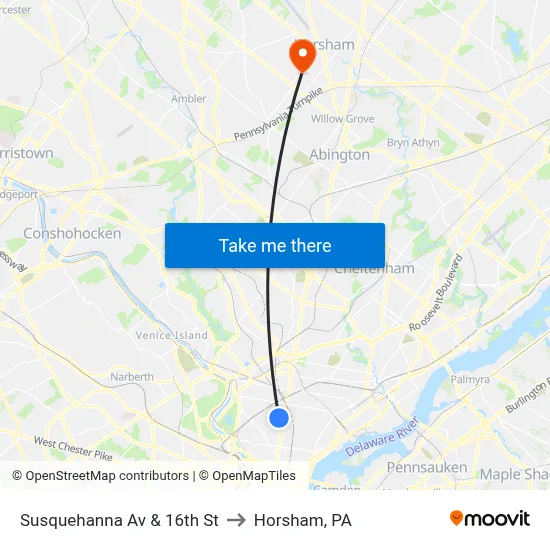 Susquehanna Av & 16th St to Horsham, PA map