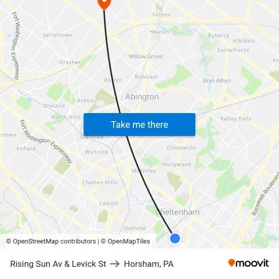 Rising Sun Av & Levick St to Horsham, PA map