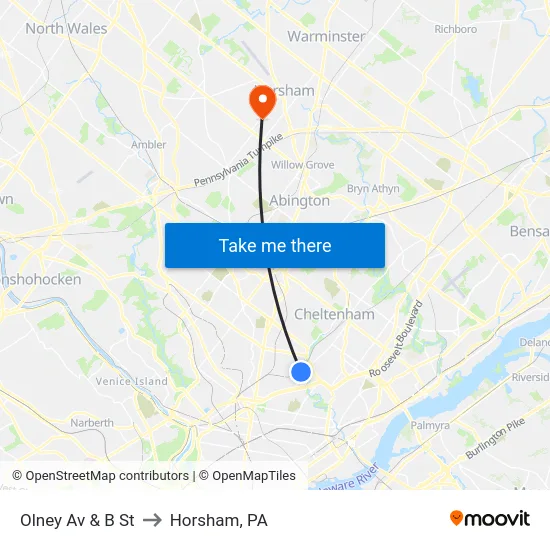 Olney Av & B St to Horsham, PA map