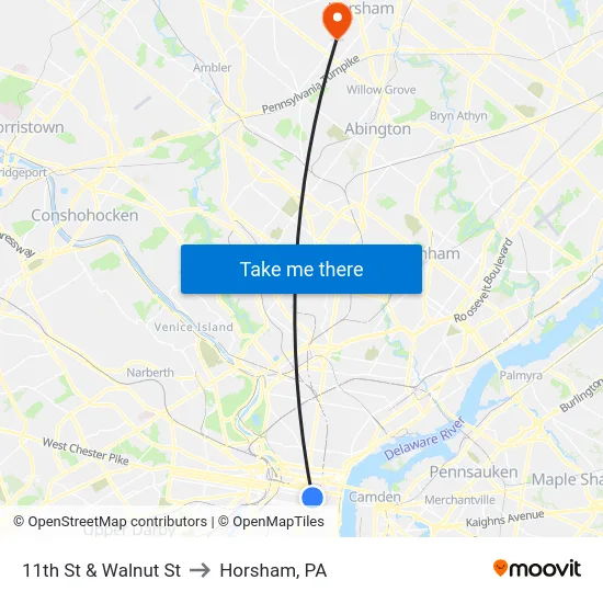 11th St & Walnut St to Horsham, PA map