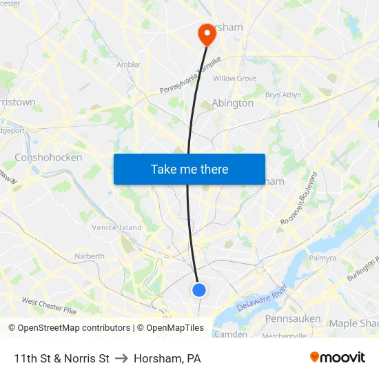 11th St & Norris St to Horsham, PA map