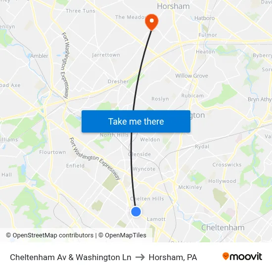 Cheltenham Av & Washington Ln to Horsham, PA map