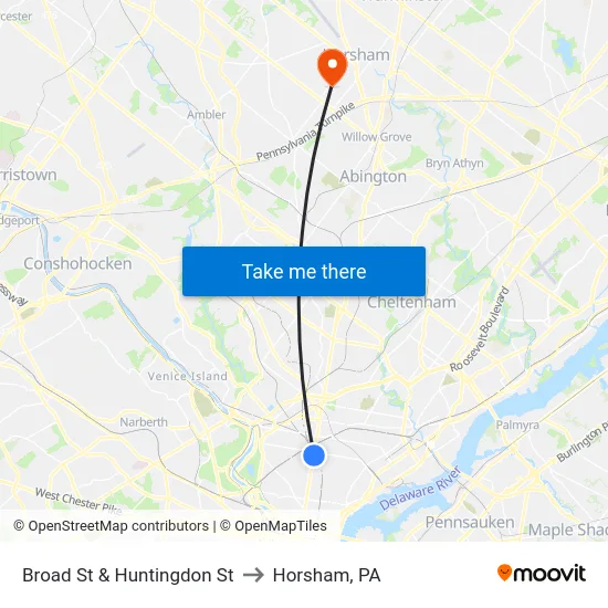 Broad St & Huntingdon St to Horsham, PA map