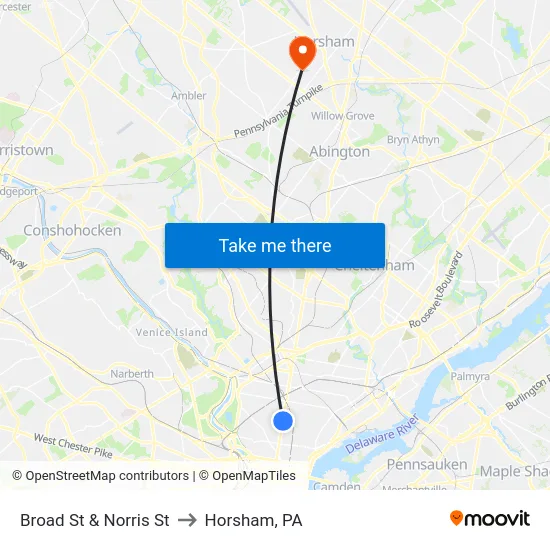 Broad St & Norris St to Horsham, PA map