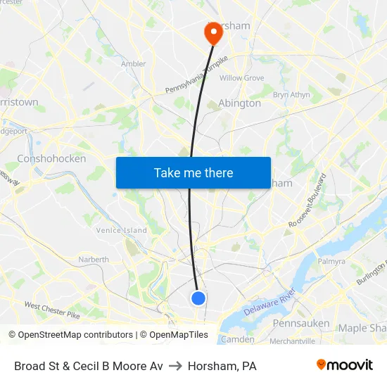 Broad St & Cecil B Moore Av to Horsham, PA map