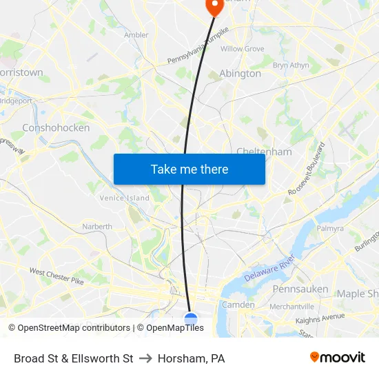 Broad St & Ellsworth St to Horsham, PA map