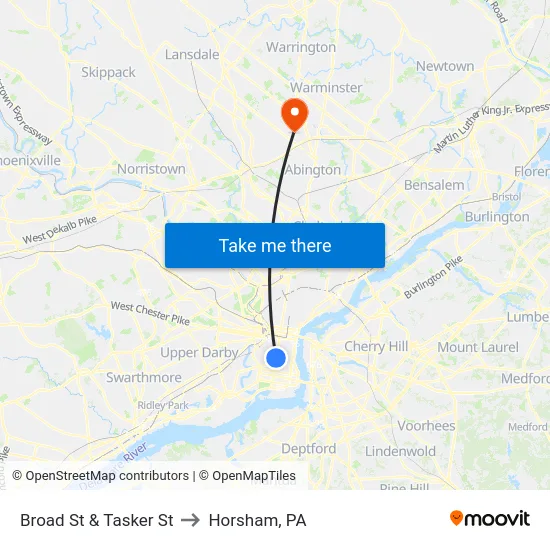 Broad St & Tasker St to Horsham, PA map