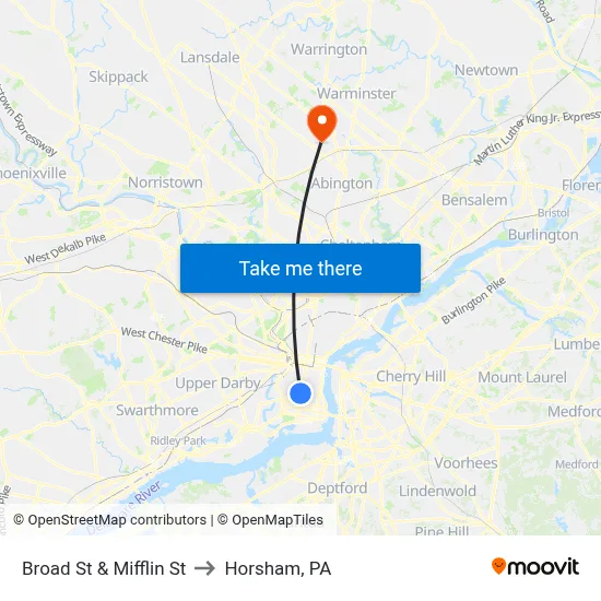 Broad St & Mifflin St to Horsham, PA map