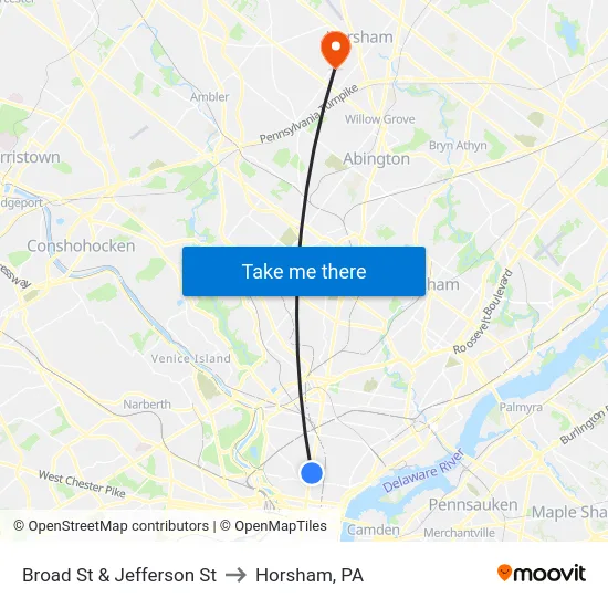 Broad St & Jefferson St to Horsham, PA map