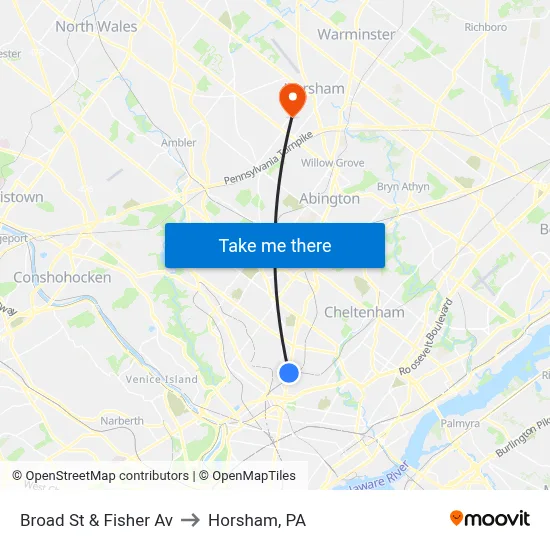 Broad St & Fisher Av to Horsham, PA map
