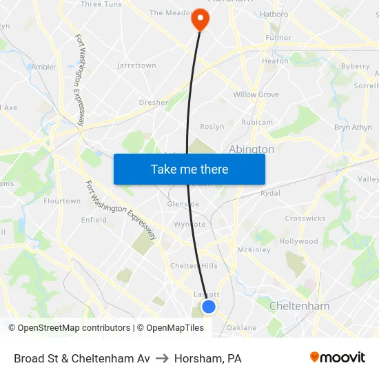 Broad St & Cheltenham Av to Horsham, PA map