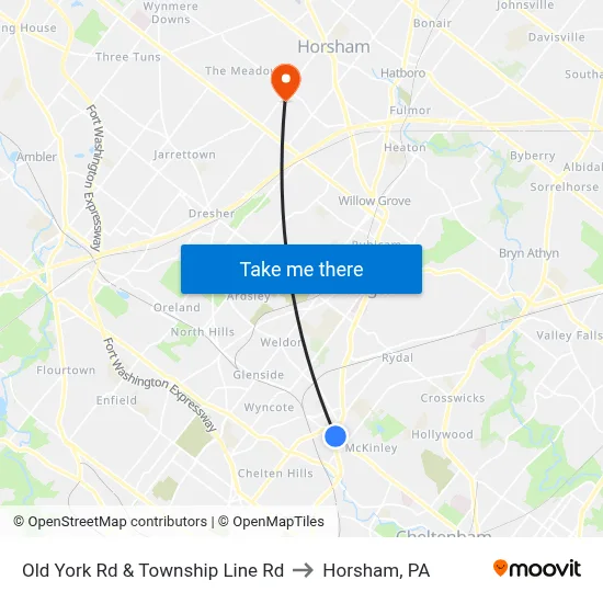 Old York Rd & Township Line Rd to Horsham, PA map